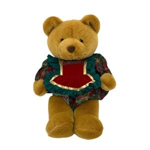 Rare Vintage 1992 Christmas Plush Teddy Bear Wearing A Velvety Dress Size 14x20”